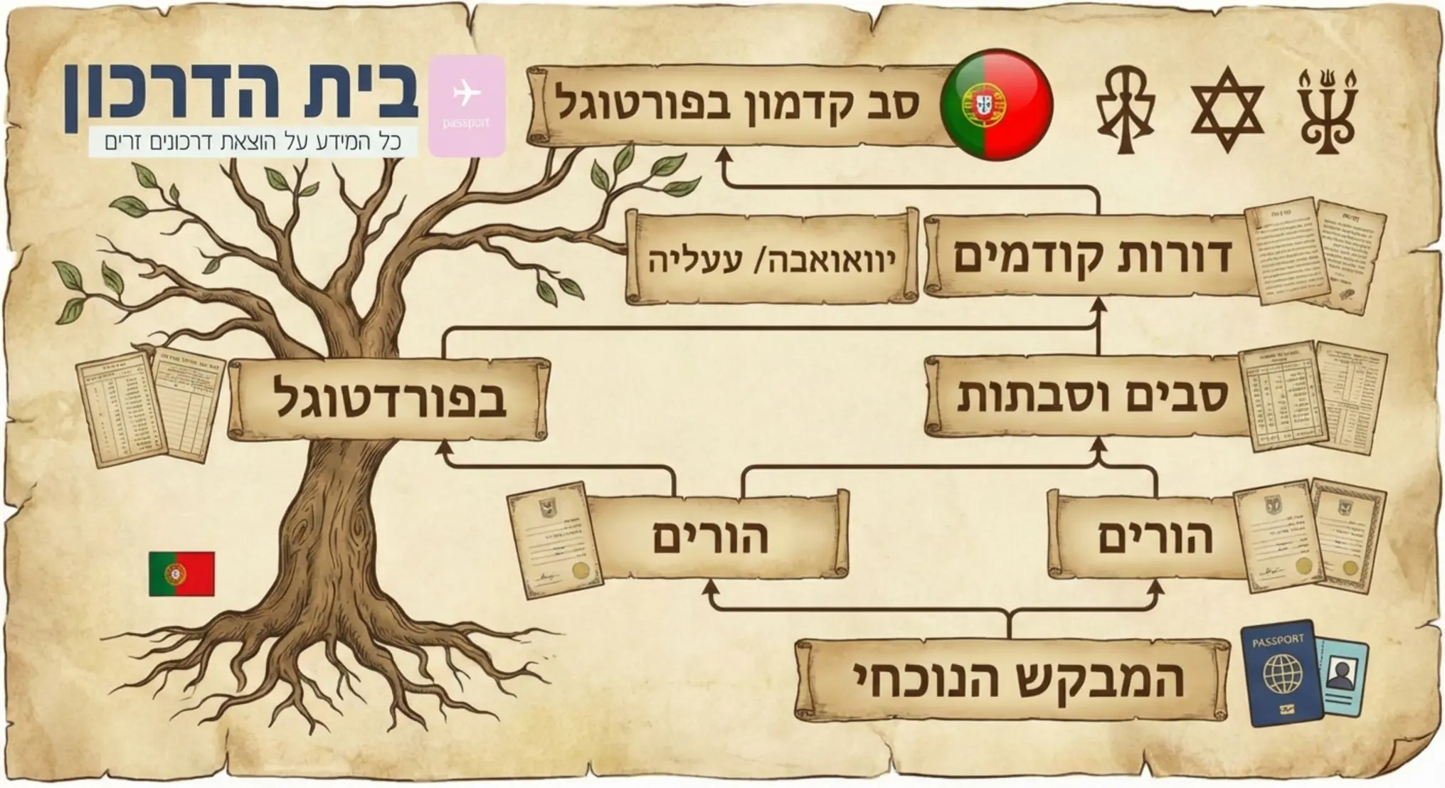 אינפוגרפיקה המציגה תרשים זרימה של עץ משפחה המתחיל במבקש הנוכחי ויורד אחורה בזמן עד לסב הקדמון בפורטוגל עם אייקונים של מסמכים בכל שלב
