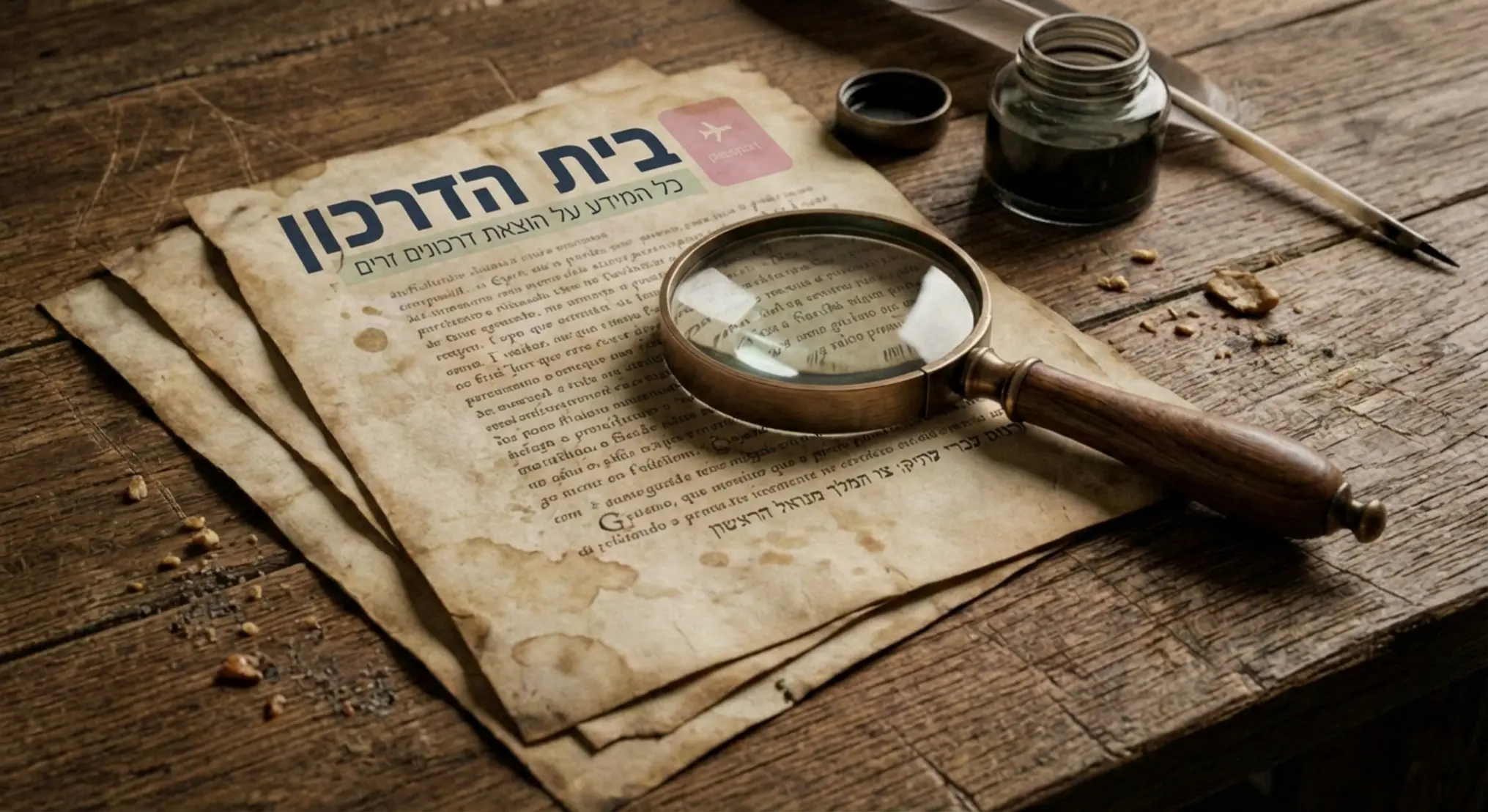 צילום תקריב של מסמכים היסטוריים ישנים בשפה הפורטוגזית מונחים על שולחן עץ כבד לצד זכוכית מגדלת