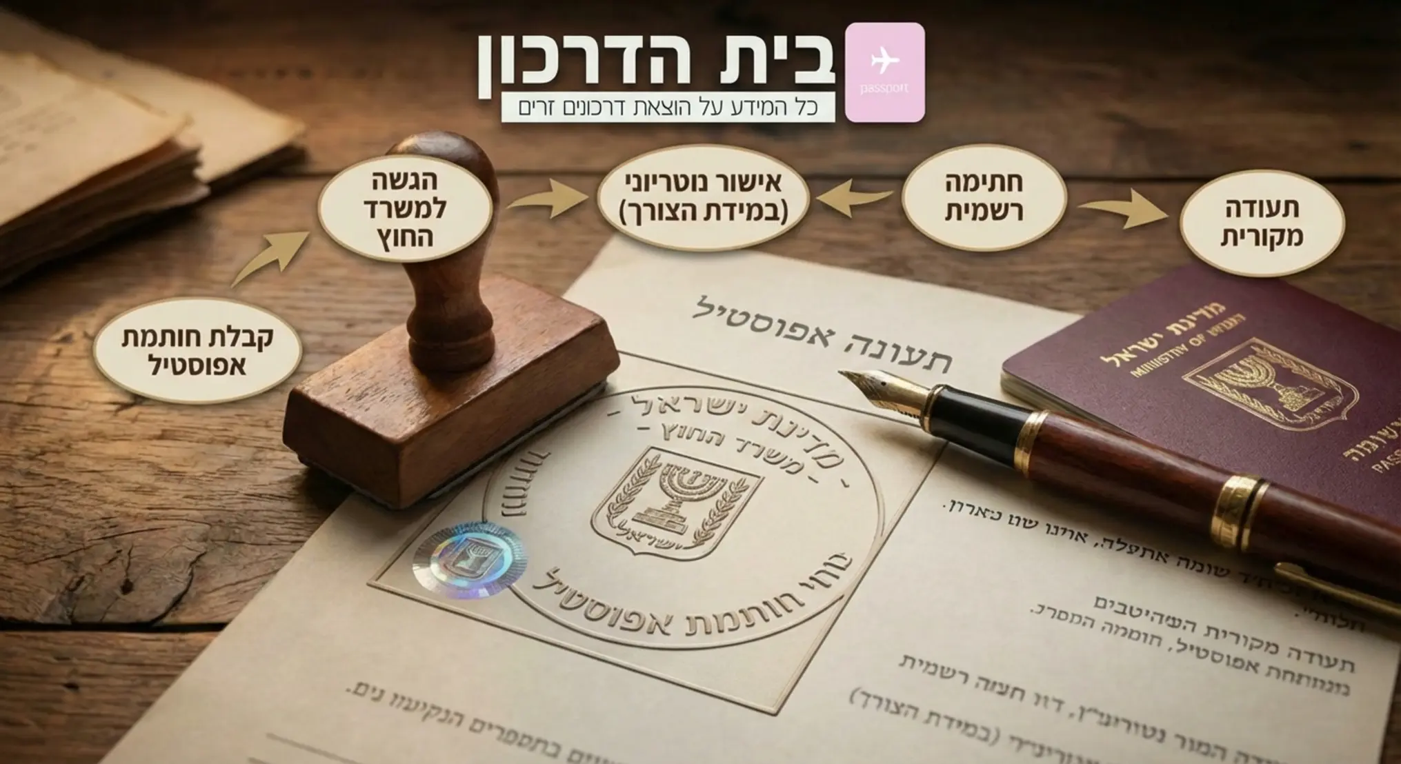 אינפוגרפיקה המציגה תעודה רשמית עם חותמת אפוסטיל בולטת, ליד עט נובע ודרכון, הממחישה את תהליך האימות הרשמי