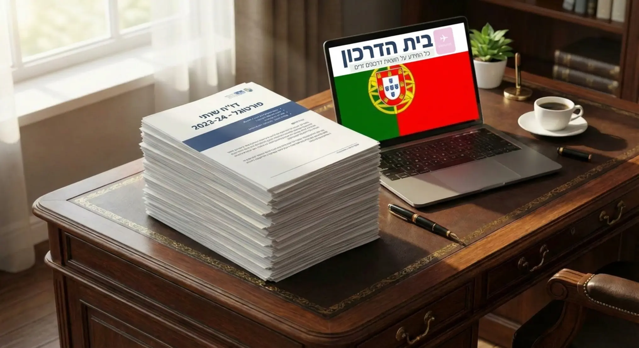 תמונה של ערימת מסמכים מסודרת על שולחן משרדי יוקרתי, לצד מחשב נייד פתוח המציג דגל פורטוגל על המסך