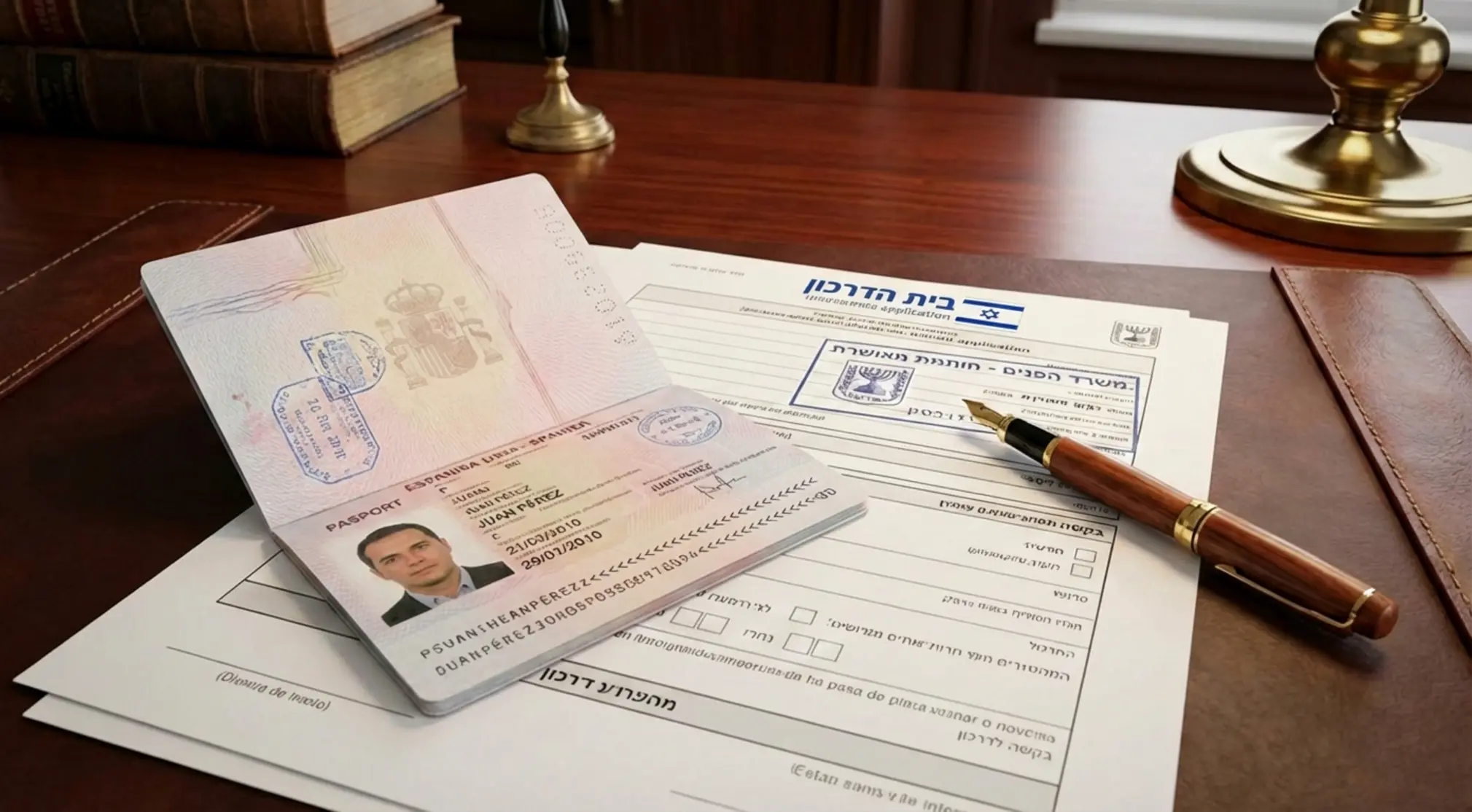 צילום תקריב איכותי של דרכון ספרדי מונח על שולחן משרדי יוקרתי לצד עט נובע וטפסי בקשה רשמיים עם חותמת ממשלתית