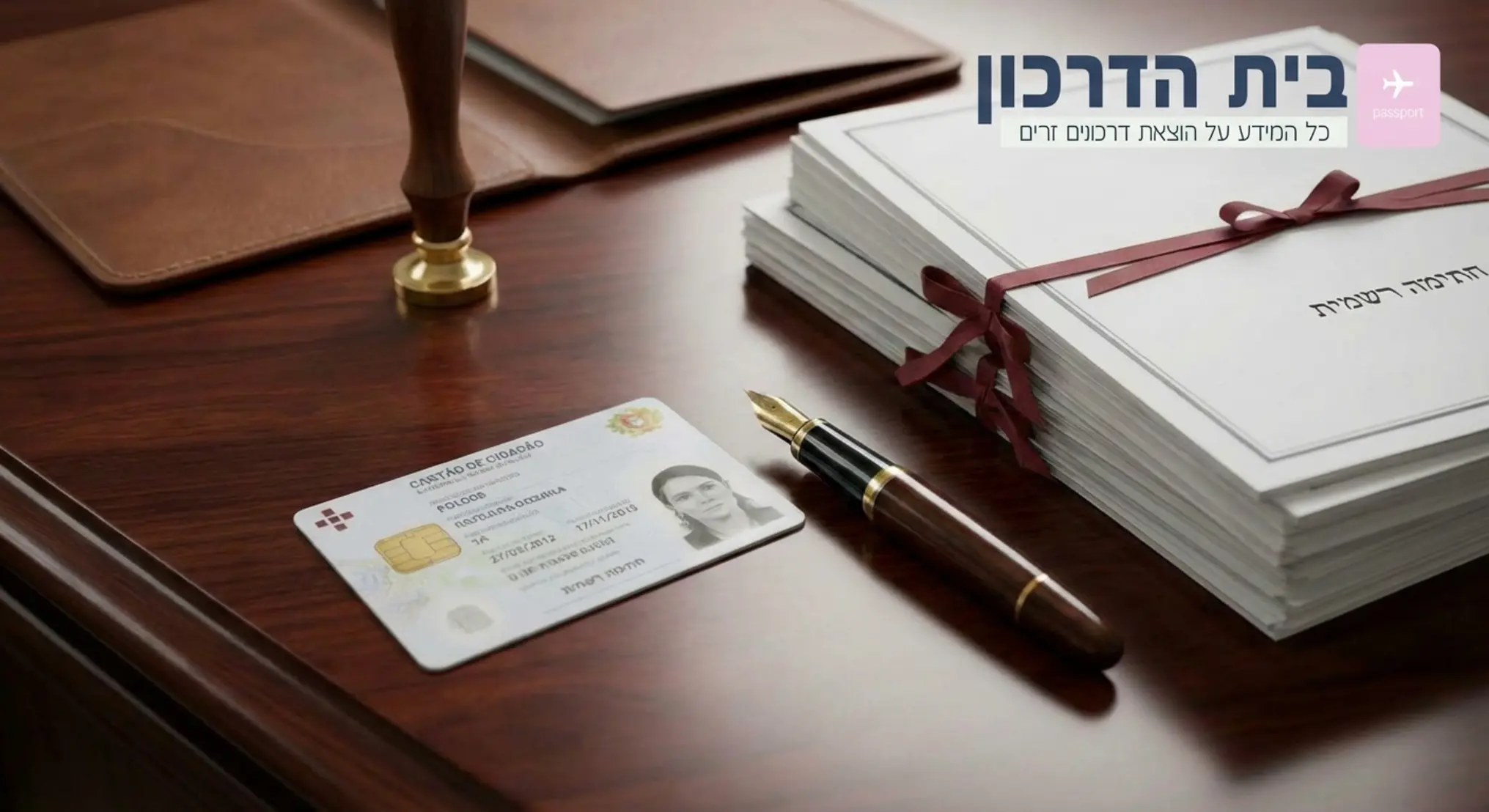תמונה המציגה תעודת זהות פורטוגלית מונחת על שולחן משרדי יוקרתי לצד עט נובע ומסמכים משפטיים, הממחישה את הרשמיות והחשיבות של התהליך
