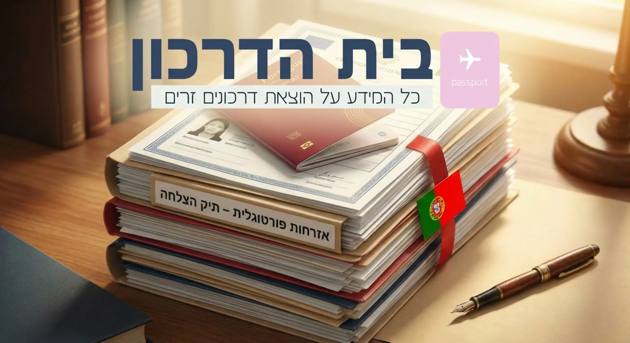 תמונה הממחישה ערימת מסמכים מסודרת עם דרכון פורטוגלי מעליה, המייצגת הצלחה בתהליך