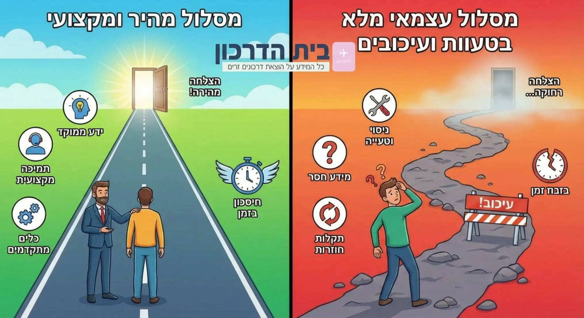 אינפוגרפיקה המציגה את ההבדל בין מסלול מהיר ומקצועי למסלול עצמאי מלא בטעויות ועיכובים