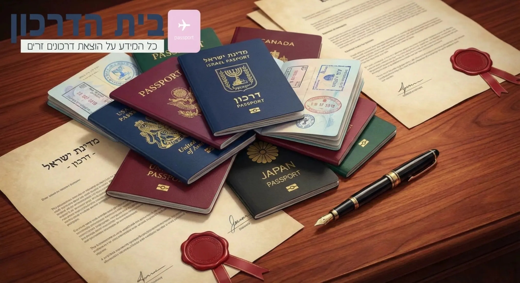 תמונה אילוסטרטיבית המציגה ערימה של דרכונים ממדינות שונות על שולחן עץ מהגוני, לצד עט נובע יוקרתי ומסמכים משפטיים עם חותמות שעווה