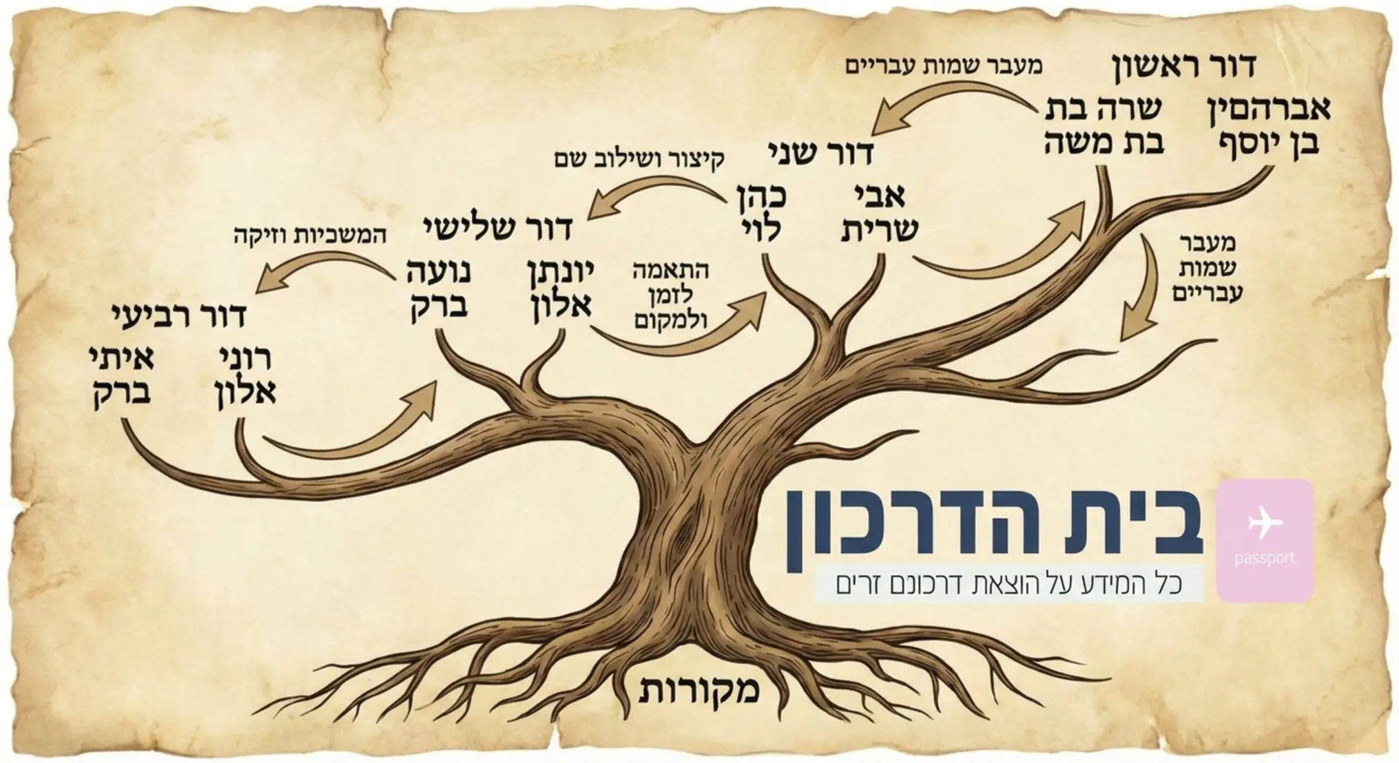 אינפוגרפיקה המציגה עץ שורשים מסועף, כאשר כל ענף מציג דור אחר ושינוי שם אפשרי, עם חצים המקשרים בין הדורות ומסבירים את המעבר