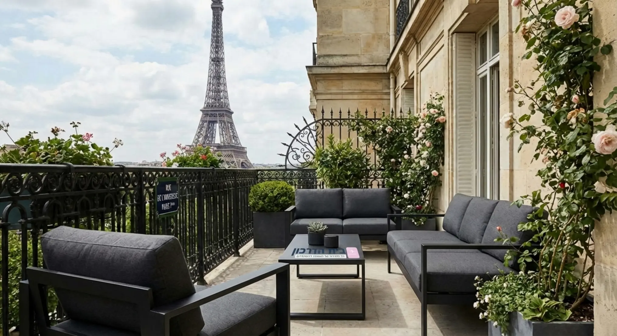 מרפסת צרפתית קלאסית פריזאית המשקיפה למגדל אייפל, מרוהטת במערכת ישיבה מריהוט אלומיניום איכותי ויוקרתי, הכוללת שולחן קפה מינימליסטי וספות חוץ עמידות בצבעי שחור מט.