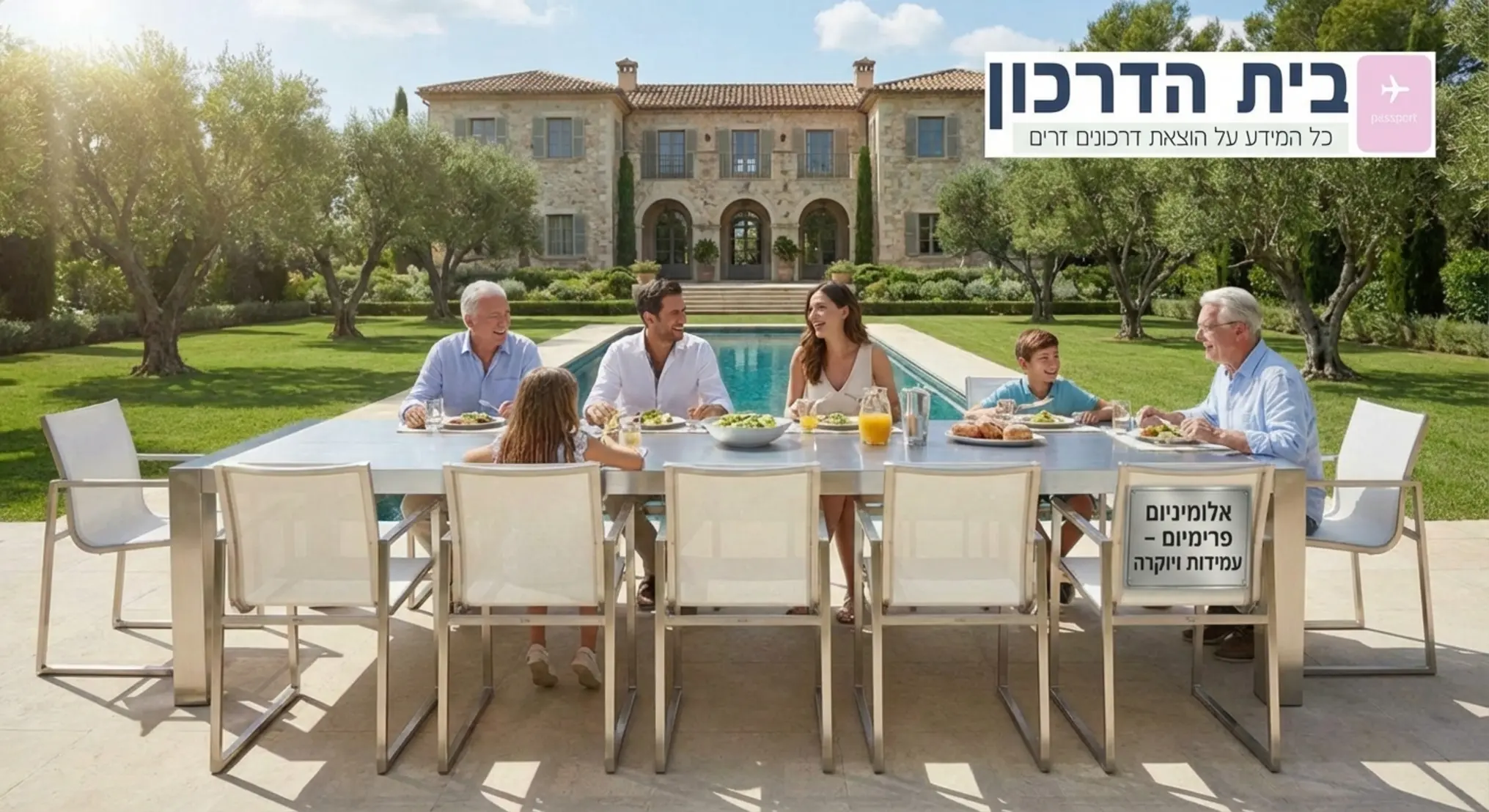 משפחה יושבת בגינת וילה ענקית, סביב שולחן רחב העשוי כולו ריהוט אלומיניום איכותי ויוקרתי, עם כיסאות מעוצבים בסגנון היי טק, המדגיש עמידות ויוקרה תחת כיפת השמיים.