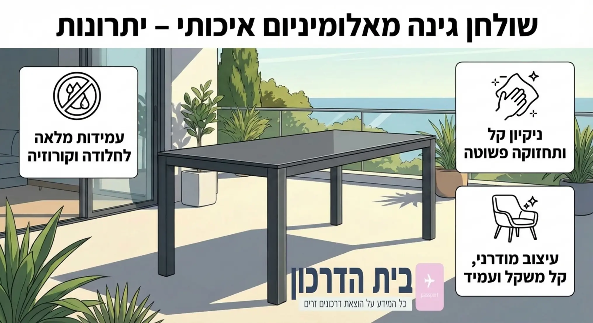 אינפוגרפיקה המציגה שולחן אוכל מאלומיניום איכותי ועמיד לגינה הכולל הסברים על יתרונות החומר כגון עמידות לחלודה, ניקיון קל ועיצוב מודרני מרהיב