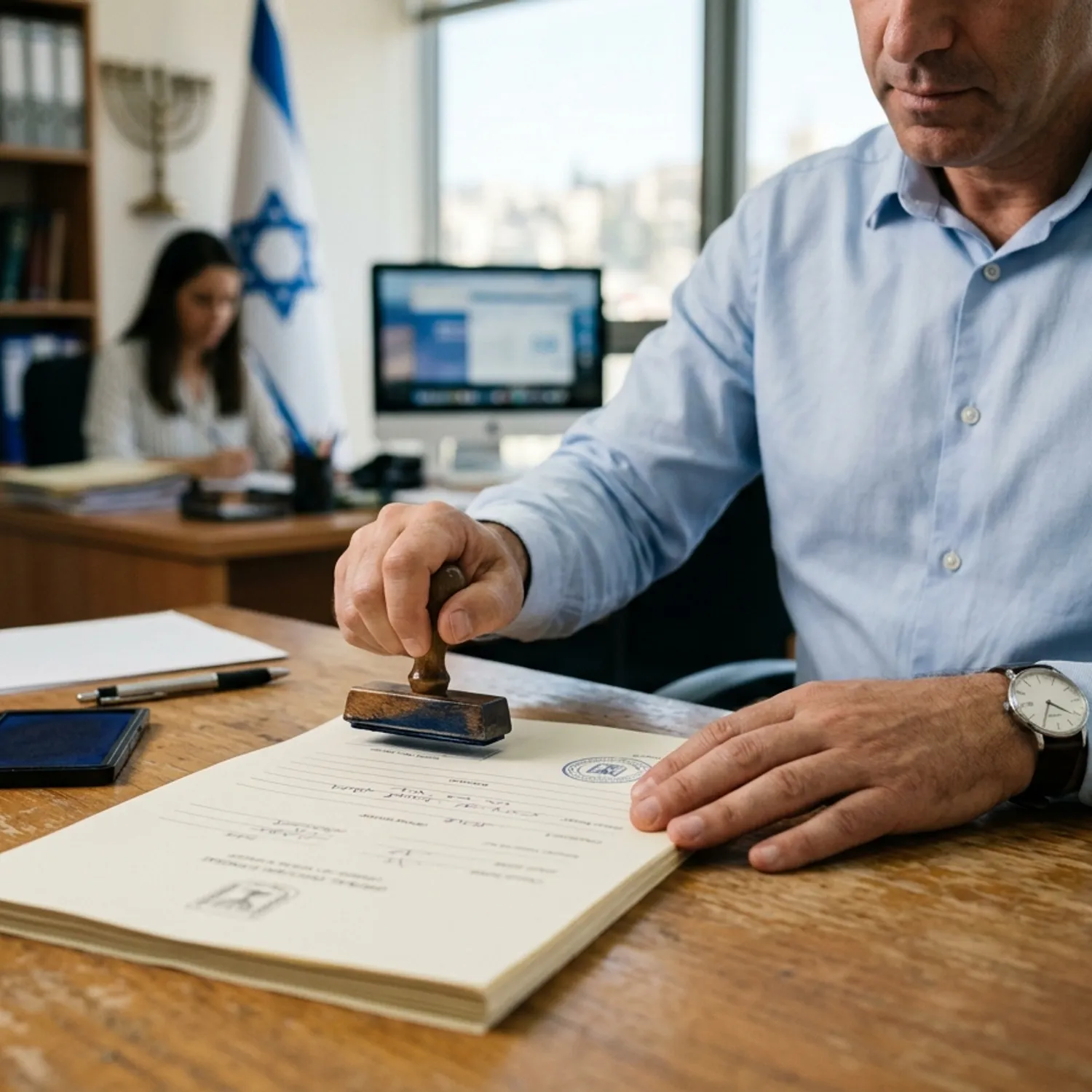 צילום קלוז-אפ פוטו-ריאליסטי של פקיד קונסולרי בחולצה מכופתרת, מטביע חותמת על מסמך רשמי במשרד מואר היטב. ידיים מטופחות, שעון יד קלאסי.