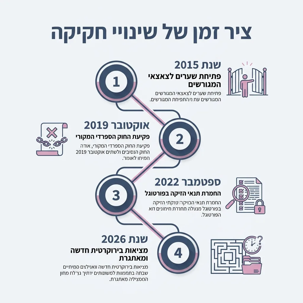 אינפוגרפיקה — ציר זמן של שינויי חקיקה: שנת 2015, אוקטובר 2019, ספטמבר 2022, שנת 2026