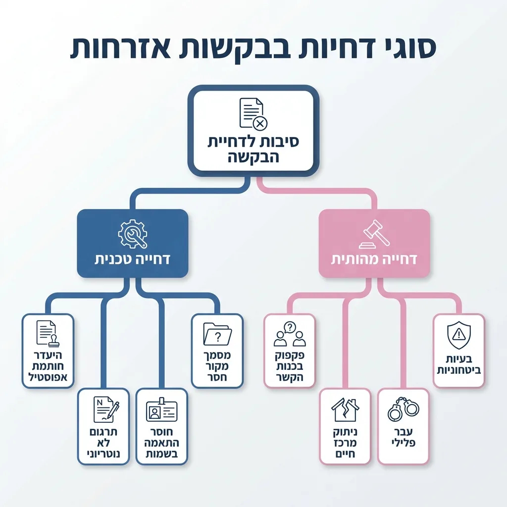 אינפוגרפיקה — סוגי דחיות בבקשות אזרחות: סיבות לדחיית הבקשה