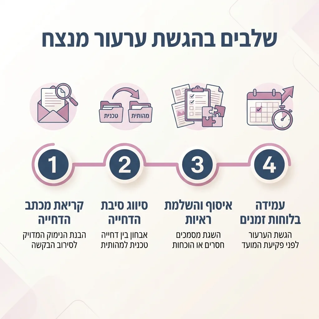 אינפוגרפיקה — שלבים בהגשת ערעור מנצח: קריאת מכתב הדחייה, סיווג סיבת הדחייה, איסוף והשלמת ראיות, עמידה בלוחות זמנים