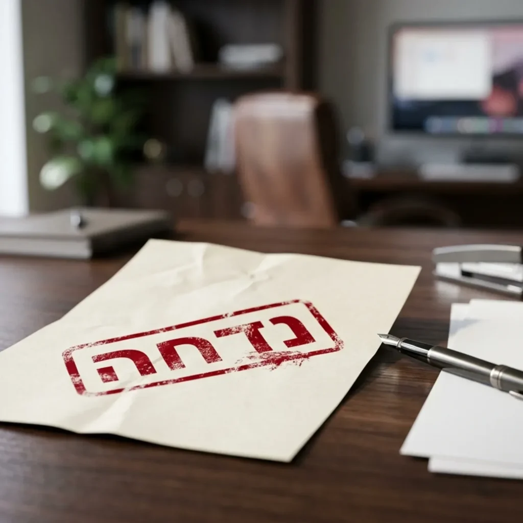 מסמך עם חותמת אדומה גדולה של 'נדחה' (Rejected), ולידו עט ומסמכים חדשים המוכנים להגשה מחודשת.
