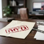 מסמך עם חותמת אדומה גדולה של 'נדחה' (Rejected), ולידו עט ומסמכים חדשים המוכנים להגשה מחודשת.