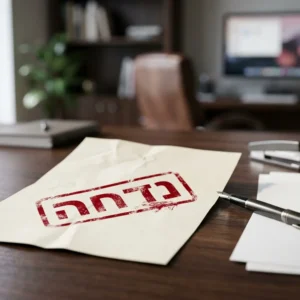 מסמך עם חותמת אדומה גדולה של 'נדחה' (Rejected), ולידו עט ומסמכים חדשים המוכנים להגשה מחודשת.