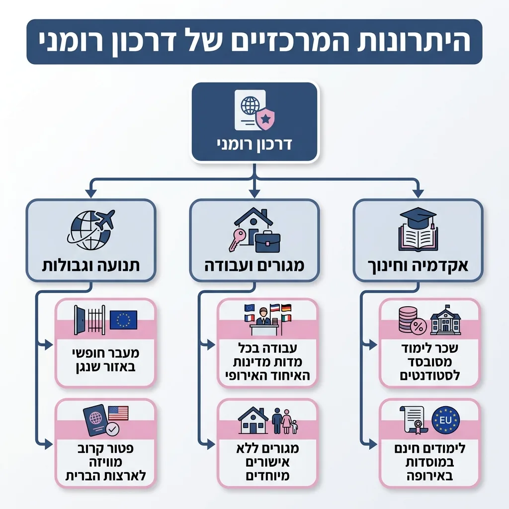 אינפוגרפיקה — היתרונות המרכזיים של דרכון רומני: דרכון רומני