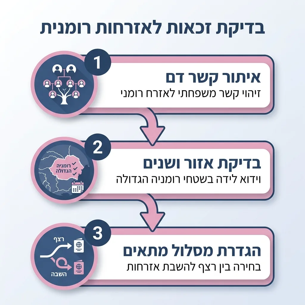 אינפוגרפיקה — בדיקת זכאות לאזרחות רומנית: איתור קשר דם, בדיקת אזור ושנים, הגדרת מסלול מתאים