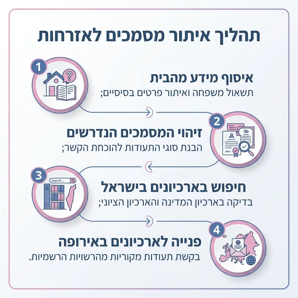 אינפוגרפיקה — תהליך איתור מסמכים לאזרחות: איסוף מידע מהבית, זיהוי המסמכים הנדרשים, חיפוש בארכיונים בישראל, פנייה לארכיונים בא