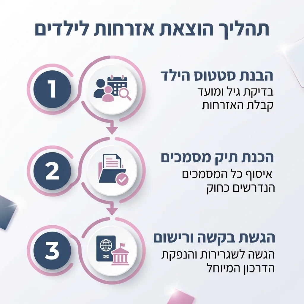 אינפוגרפיקה — תהליך הוצאת אזרחות לילדים: הבנת סטטוס הילד, הכנת תיק מסמכים, הגשת בקשה ורישום