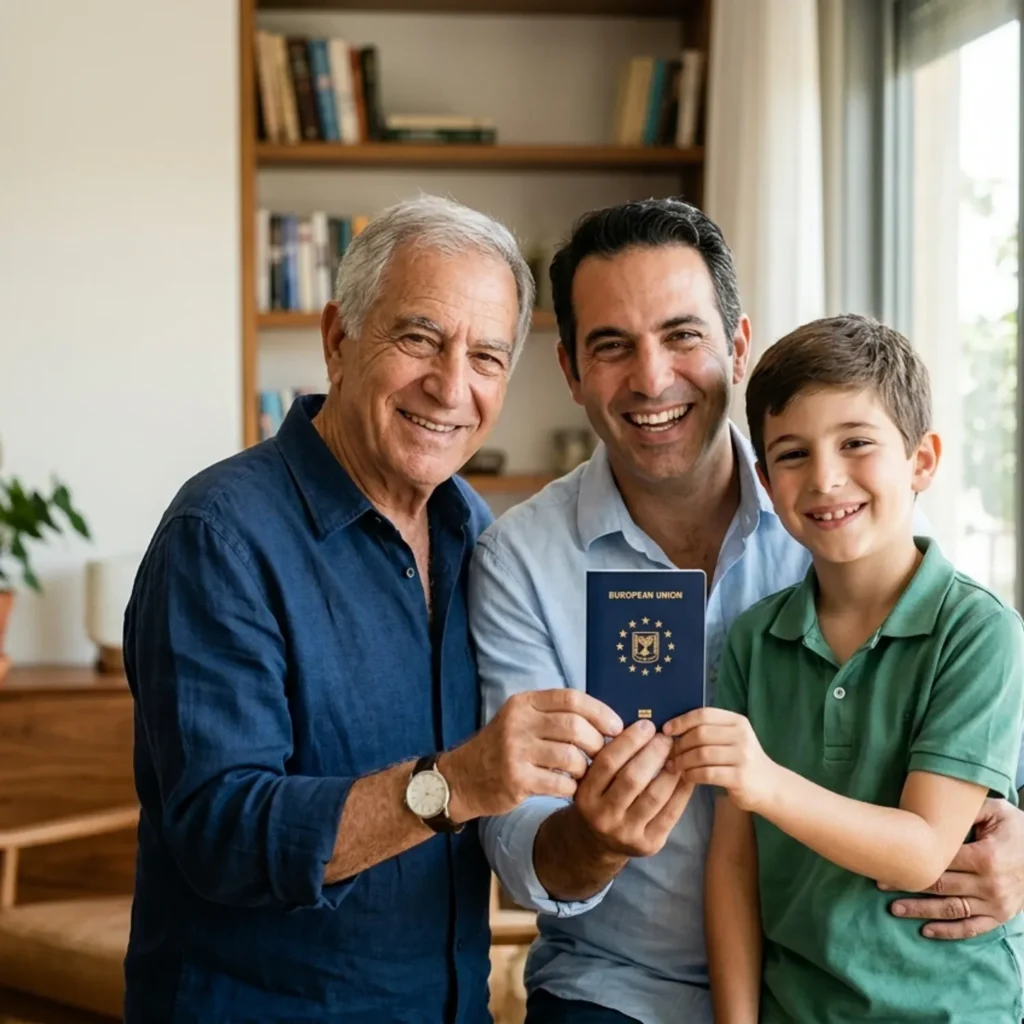 שלושה דורות של משפחה (סבא, אבא, ילד) מחזיקים יחד דרכון אירופאי בחיוך.