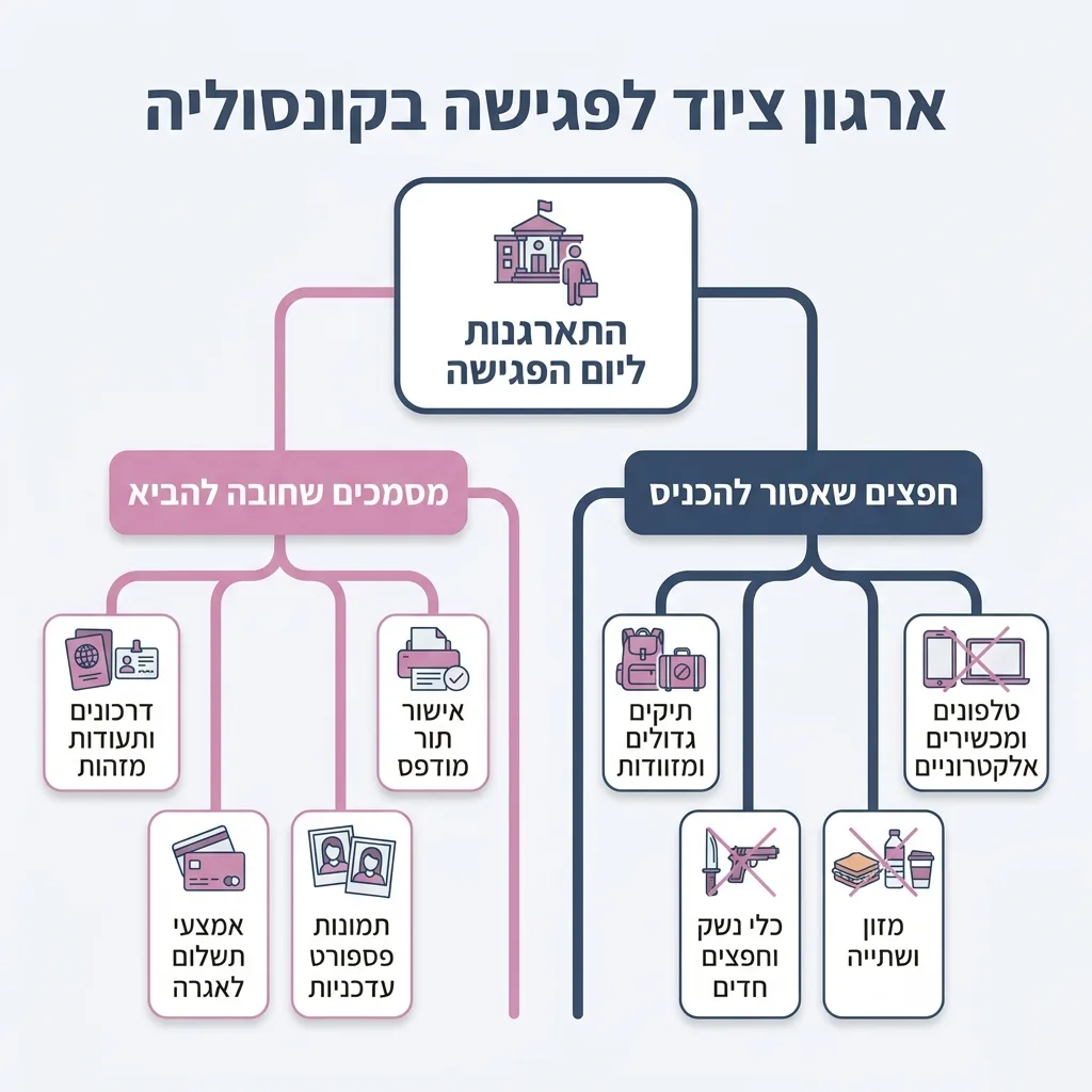 אינפוגרפיקה — ארגון ציוד לפגישה בקונסוליה: התארגנות ליום הפגישה