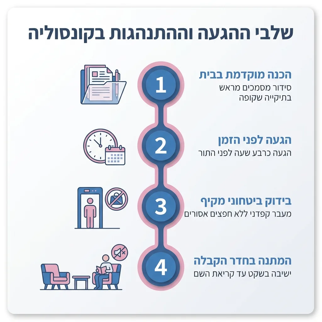 אינפוגרפיקה — שלבי ההגעה וההתנהגות בקונסוליה: הכנה מוקדמת בבית, הגעה לפני הזמן, בידוק ביטחוני מקיף, המתנה בחדר הקבלה