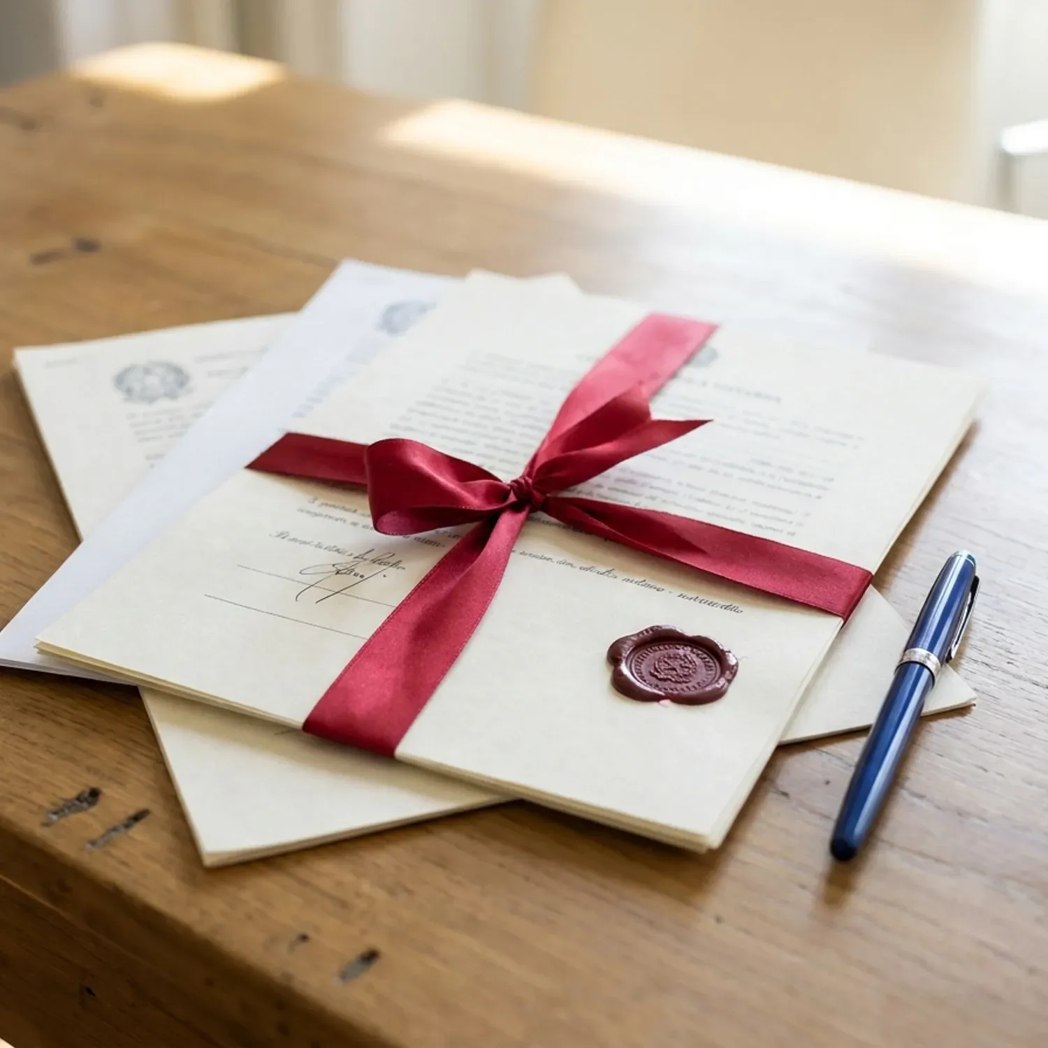 צילום מציאותי של שולחן עבודה מואר באור יום טבעי ועליו מונחים מסמכים רשמיים באיטלקית עם סרט אדום וחותמת נוטריון מוטבעת, לצד עט כתיבה כחול, זווית צילום עילית חדה