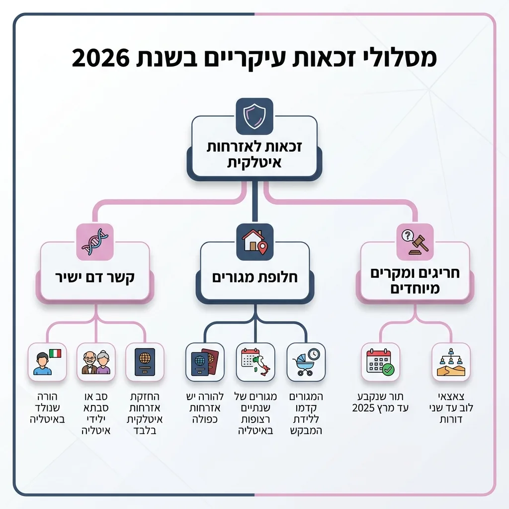 אינפוגרפיקה — מסלולי זכאות עיקריים בשנת 2026: זכאות לאזרחות איטלקית