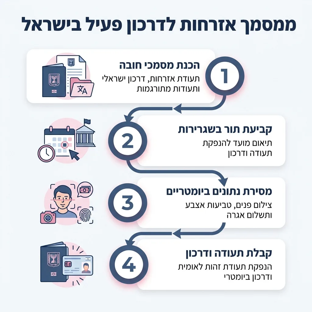 אינפוגרפיקה — ממסמך אזרחות לדרכון פעיל בישראל: הכנת מסמכי חובה, קביעת תור בשגרירות, מסירת נתונים ביומטריים, קבלת תעודה ודרכון