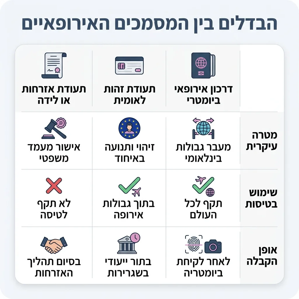 אינפוגרפיקה — הבדלים בין המסמכים האירופאיים: השוואה בין תעודת אזרחות או לידה, תעודת זהות לאומית, דרכון אירופאי ביומטרי